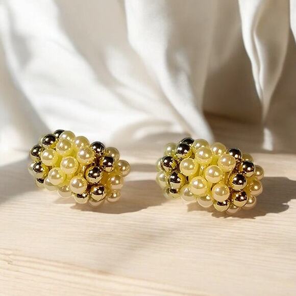 Source Unknown Jewelry - Moon Bend Multi-Row Faux Pearl and Gold Bead Clip Earrings Vintage